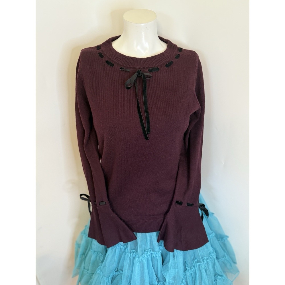 Ivanka Trump Flared Tie Sleeve Sweater Burgundy Black Velvet Trim Size S Acrylic